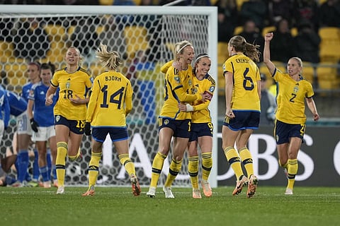 Sweden's Amanda Ilestedt, center, celebrates after scoring her side's 4th goal against Italy during the Women's World Cup 2023 Group G soccer match, July 29, 2023. (Photo | AP)