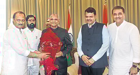 Maharashtra Governor Ramesh Bais with deputy CM Ajit Pawar. CM Eknath Shinde, deputy CM Devendra Fadnavis and NCP leader Praful Patel. (Photo | ANI)