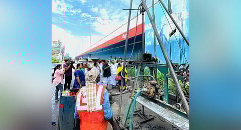 Soil testing near Kundanoor flyover. (Photo | Express) 