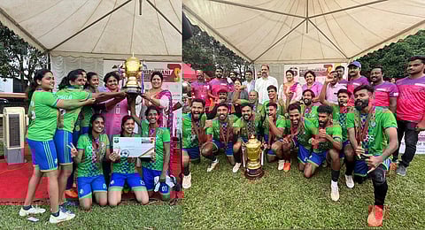 Infosys men’s and women’s teams that emerged champions in ‘Raviz Prathidhwani’ football tournament