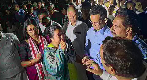 Congress MP Gaurav Gogoi, JMM MP Mahua Maji, former Manipur CM Okram Ibobi Singh and other leaders of the INDIA alliance parties meet people affected by the ethnic violence in Manipur. (Photo | PTI)