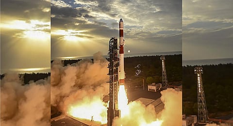 Indian Space Research Organisation's (ISRO) PSLV-C56 carrying Singapore's DS-SAR satellite along with 6 co-passenger satellites. (Photo | PTI)