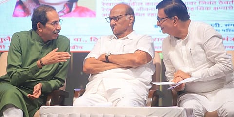 Nationalist Congress Party supremo Sharad Pawar, Shiv Sena (UBT) chief Uddhav Thackeray and senior Congress leader Balasaheb Thorat at a book launch function in Mumbai. (Photo | Twiter)