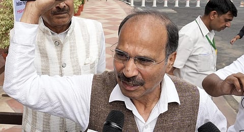 Congress MP Adhir Ranjan Chowdhury talks to the media as he arrives at the Parliament House complex during the ongoing Monsoon session, in New Delhi, Monday, July 31, 2023. (Photo | PTI)