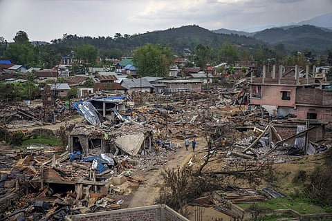 FILE - Dozens of houses lay vandalised and burnt during ethnic clashes and rioting in Sugnu, in Manipur, Wednesday, June 21, 2023. (Photo | AP)