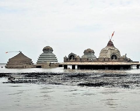 The Submerged Sangameswara Swamy temple in Kurnool district on Sunday I Express