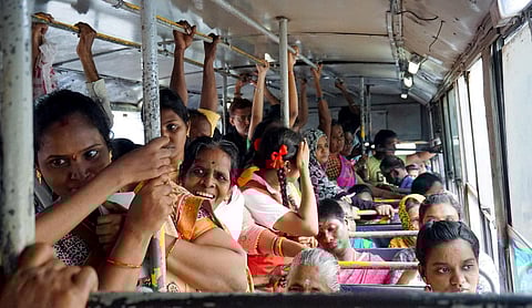 While students and the general public struggle on crowded buses, several MTC buses remain idle due to shortage of staff. (Photo | R Krishnaraj)