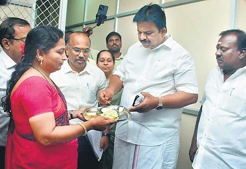 Deputy mayor M Mageshkumar inspecting an Amma canteen on Monday | Express