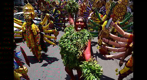 Bhagyanagar Sri Mahankali Jatara Bonala Utsavala Ummadi Committee members take out a procession at Durga Temple in Vijayawada. (Photo | Express)