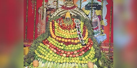 Goddess Durga adorned with vegetables in Vijayawada on Monday I Express