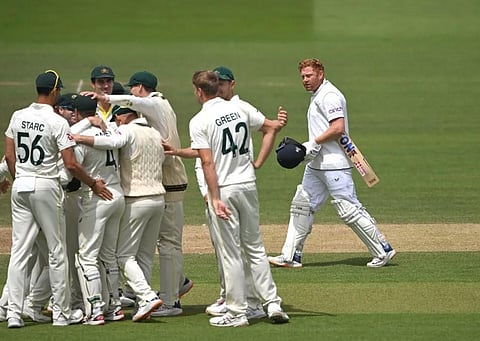 England's Jonny Bairstow walks off after after losing his wicket for 10 runs to Australia. (Photo | AFP)