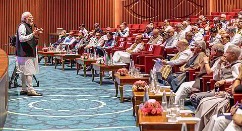 Prime Minister Narendra Modi addresses a meeting of the Union Council of Ministers at the newly built convention centre at the Pragati Maidan in New Delhi, Monday, July 3, 2023. (PTI)