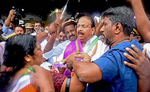 Congress state president K Sudhakaran being given a rousing reception at the Thiruvananthapuram airport. (Photo | B P Deepu, EPS)