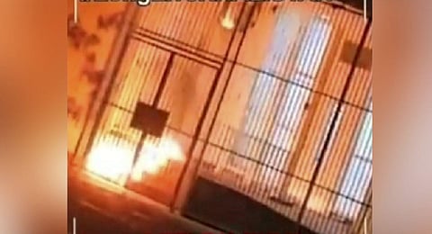 Flames rise from a fire at the Indian Consulate in San Francisco, USA. A group of Khalistan radicals allegedly attempted arson at the consulate. (Photo | PTI)