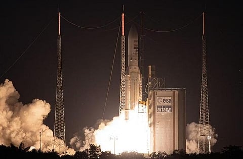 The European Ariane-5 heavy rocket lifts off from the Guyanese Space Center in Kourou, French Guyana. (Photo | AFP)