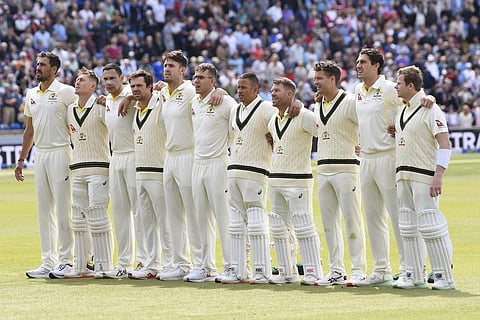 Australian players stand for their national anthem prior to the start of the first day of the third Ashes Test match between England and Australia. (Photo | AP)