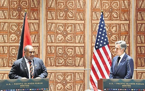 US Secretary of State Antony Blinken and Papua New Guinea’s Defence Minister Win Bakri Daki. (Photo | AFP)