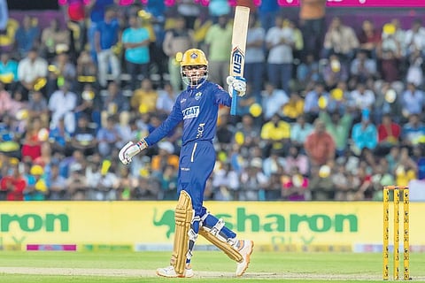 B Sachin of Kovai Kings celebrates his half-century against Madurai Panthers. (Photo | TNPL)
