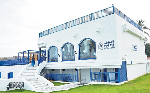 The Beach Terrace, just a two-minute drive from the tell-tale entrance of VGP Golden Beach Resort, seems lifted off a postcard.