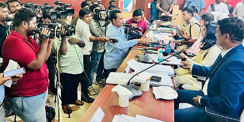 NCSC member Anju Bala interacting with journalists at the district level review meeting in Vijayawada during Andhra Pradesh tour. (Photo | Twitter)
