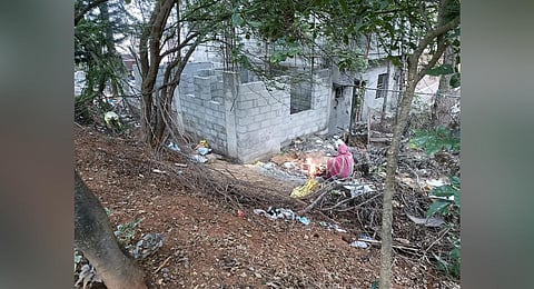 A view of the illegal structure being constructed in the Vibhutipura Lake area in Bengaluru.