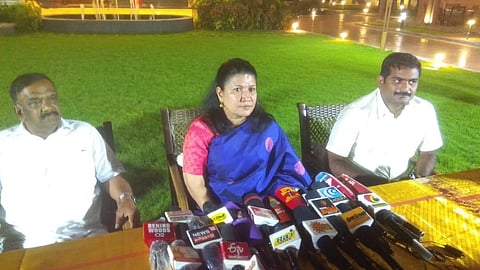 Malaysia's Deputy Minister for Entrepreneur and Co-operatives Development, Saraswathy Kandasami (C), speaks at a press meeting in Perambalur on Sunday, July 31, 2023. (Photo | EPS)