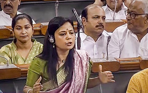 TMC MP Mahua Moitra speaks during the discussion on the Motion of No-Confidence in the Lok Sabha during the Monsoon session of Parliament (Photo | PTI)