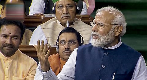 Prime Minister Narendra Modi replies on the Motion of No-Confidence in the Lok Sabha. (Photo | PTI)