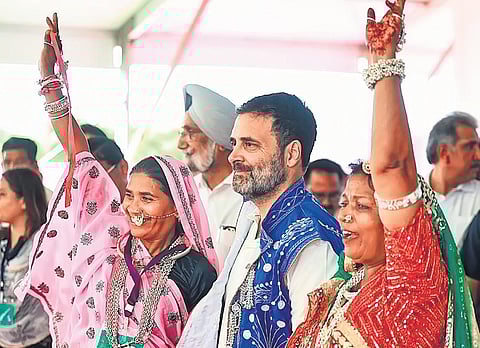 Rahul Gandhi in a public meeting at Mangarh Dham, Banswara on Wednesday. (Photo | PTI)