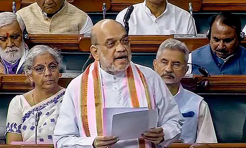 Home Minister Amit Shah speaks in the Lok Sabha during the Monsoon session of Parliament, in New Delhi, Friday, Aug. 11, 2023 (Photo | PTI)