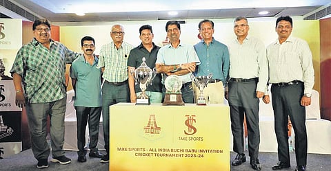 TNCA officials and K Srikkanth (4th from right) at the announcement function. (Photo | Express)