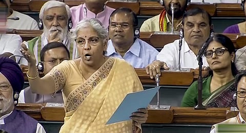 Union Finance Minister Nirmala Sitharaman speaks during the discussion on the Motion of No-Confidence in the Lok Sabha during the Monsoon session of Parliament. (Photo | PTI)