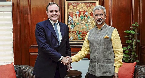 External Affairs Minister S Jaishankar with UK Minister of State Tom Tugendhat. (Photo | PTI)