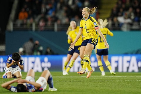 Sweden's Magdalena Eriksson celebrates at the end of the Women's World Cup quarterfinal soccer match between Japan and Sweden. (Photo | AP)