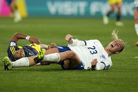 England's Alessia Russo celebrates after she scored her side's second goal during the Women's World Cup quarterfinal match against Colombia, in Sydney, Australia, Aug 12, 2023. (Photo | AP)