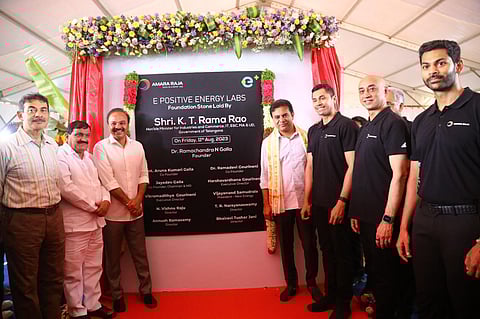 Industries minister K T Rama Rao lays foundation stone for ‘E positive energy labs’ on Friday. (Photo | Express)