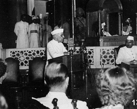 FILE - India's first Prime Minister Jawaharlal Nehru addressing the midnight session of Constituent Assembly of India on 14/15-08-1947 in New Delhi. (Photo | PTI)