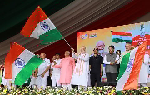 Union Home Minister Amit Shah flags off the Tiranga Yatra. (Photo | ENS)