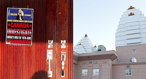 A collage of Lakshmi Narayan mandir in Surrey, British Columbia (R) along with a pro-Khalistani poster put up outside the temple door.