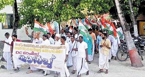 Residents of Amini Island take out a protest march to district collector’s office demanding withdrawal of liqour policy and school uniform order on Friday