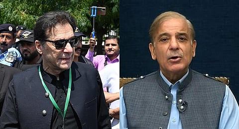 A collage of outgoing Pakistan PM Shehbaz Sharif (R) and his now jailed predecessor Imran Khan used for representational purposes only. (Photos | ANI, AFP)