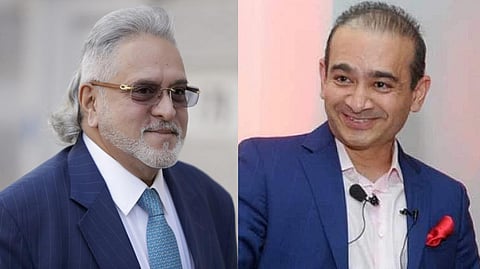 A collage of fugitive Indian businessmen Vijay Mallya (L) and Nirav Modi.