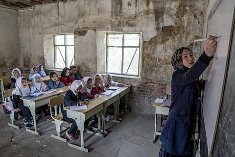FILE - A teacher leads a girl's class on the first day of the school year, in Kabul, Afghanistan, on Saturday, March 25, 2023. (Photo | AP)