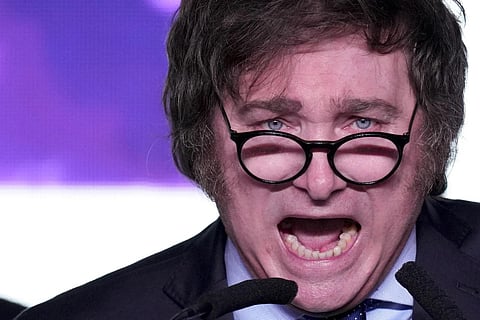 Javier Milei, presidential candidate of the Liberty Advances coalition, speaks at his campaign headquarters. (Photo | AP)