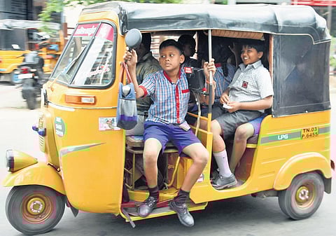 School students returning home in packed auto rickshaws near Choolai and Broadway in Chennai | Ashwin Prasath & R Krishnaraj