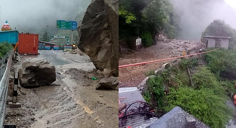 The Badrinath highway is closed following cloudburst, near Nandprayag in Chamoli district, Monday, Aug. 14, 2023. (PTI)