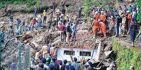 Rescue work at a temple collapse site near Summer Hill in Shimla on Monday | pti