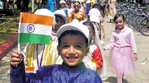Kindergarten students of Sacred Heart CMI Public School, Thevara, take part in an Independence Day procession. (Photo | Express)