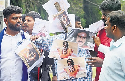 Members of the Bangalore University Postgraduate and Research Scholars’ Association protest against actor Upendra, for his controversial remark, in Bengaluru on Monday | Express
