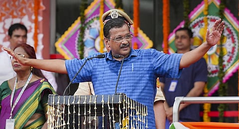 Delhi Chief Minister Arvind Kejriwal addresses during the 77th Independence Day function at the Chhatrasal Stadium, in New Delhi.(Photo | PTI)